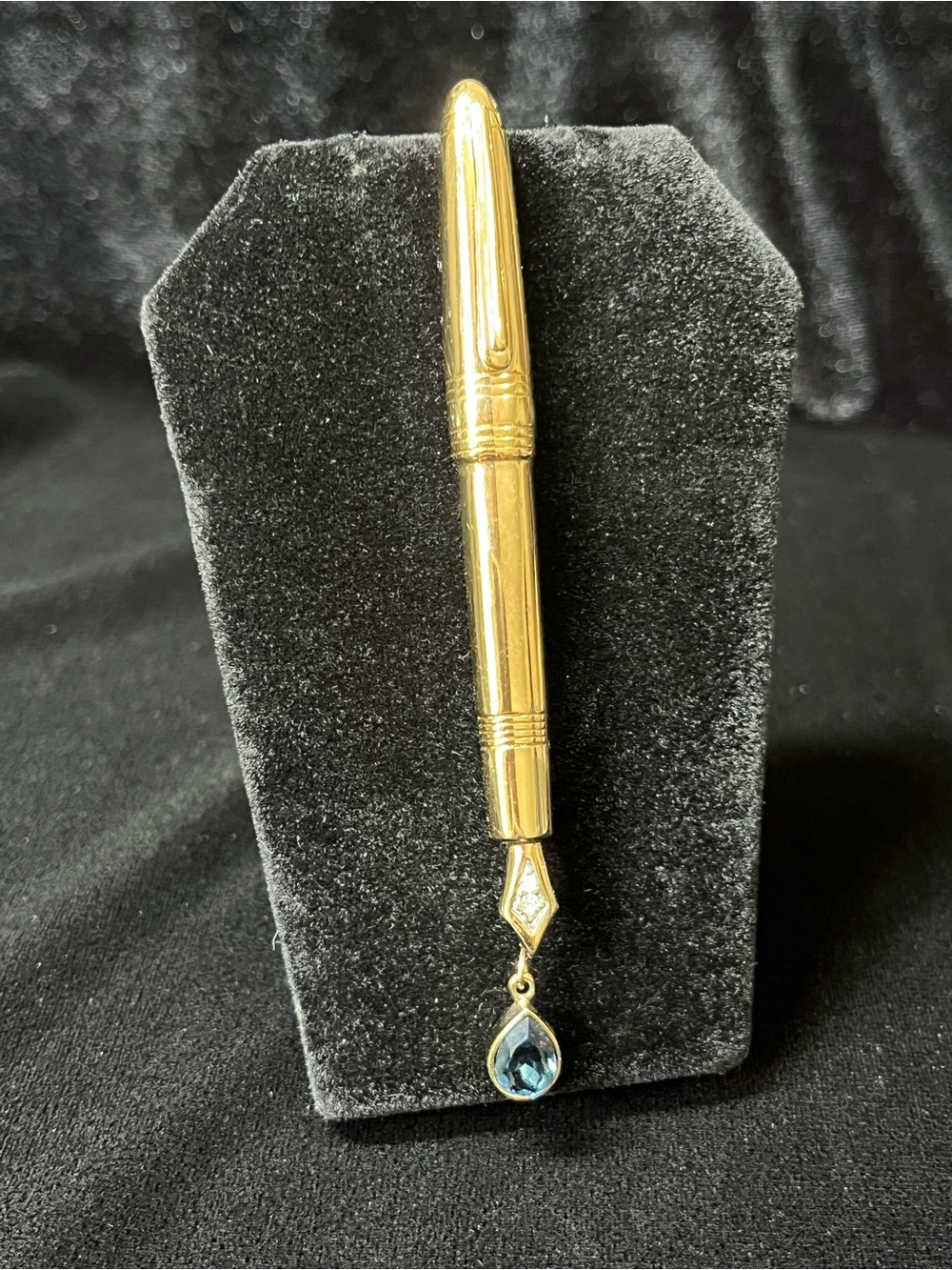 Carolee Vintage Gold Fountain Pen Brooch Pin Blue Teardrop Charm 1745